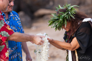 Makena wedding, male couple, maui lei ceremony